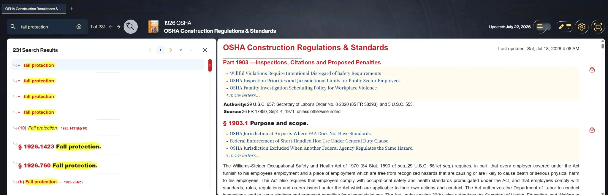 RegLogic search for fall protection across 29 CFR 1926 construction standards returning 231 results with color-coded regulation text