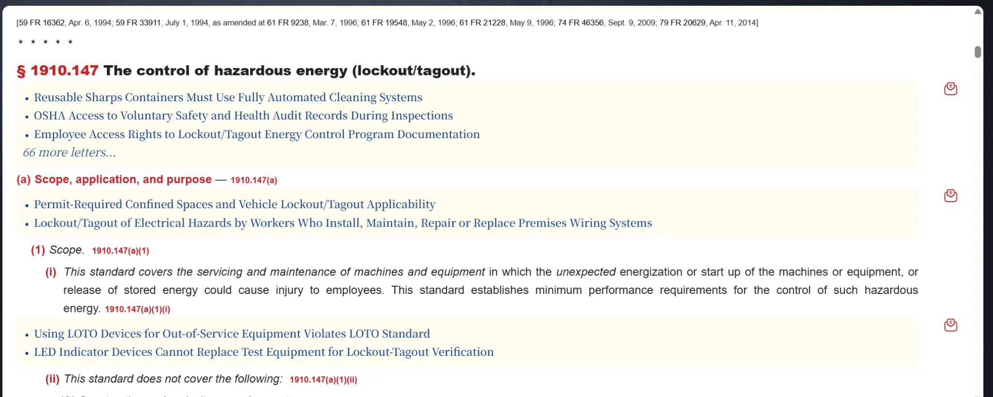 RegLogic showing OSHA 1910.147 lockout/tagout regulation with OSHA Letters of Interpretation displayed inline beneath the exact paragraph they interpret