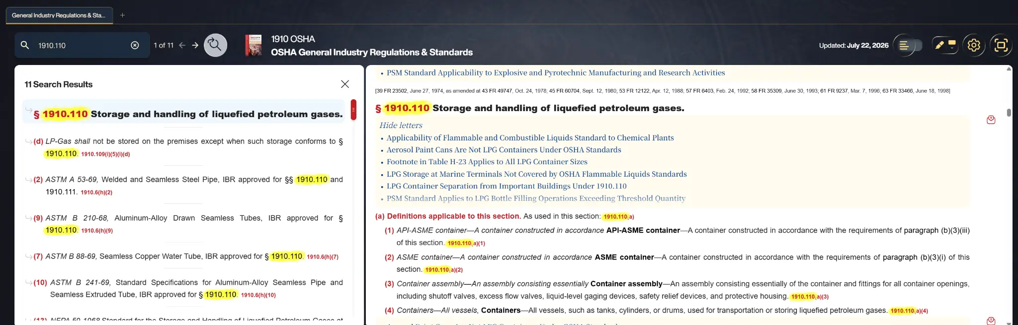 RegLogic search results panel showing 11 ranked matches for citation 1910.110 across the OSHA regulation library