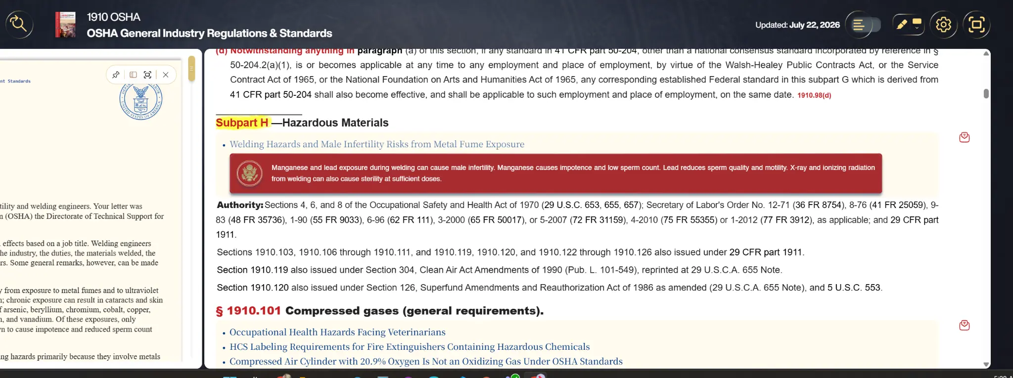 RegLogic app displaying OSHA 29 CFR 1910 regulation text with color-coded paragraph hierarchy and linked Letters of Interpretation callouts
