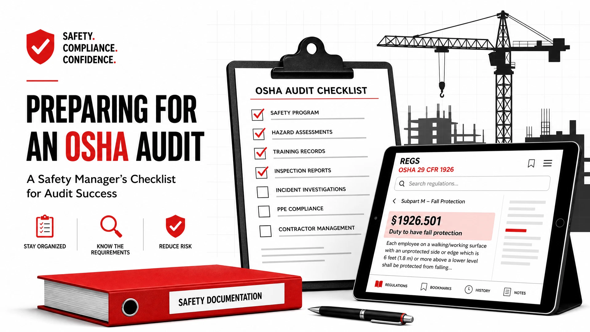 Illustration of a clipboard checklist, a tablet showing OSHA citation §1926.501, and a construction crane silhouette