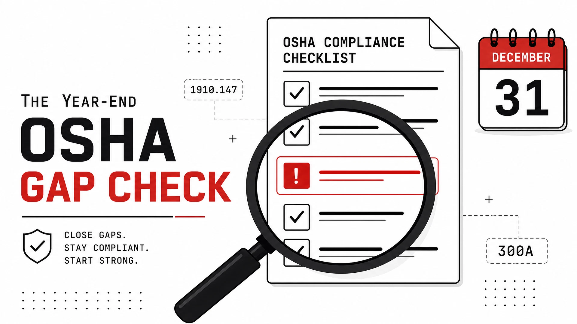 Illustration of a magnifying glass examining a compliance checklist with one gap highlighted in red
